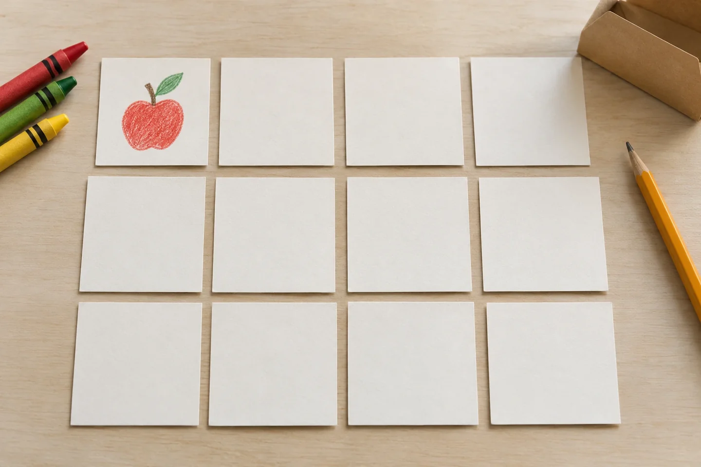 Plan two cards for each everyday theme and draw one clear picture on each.