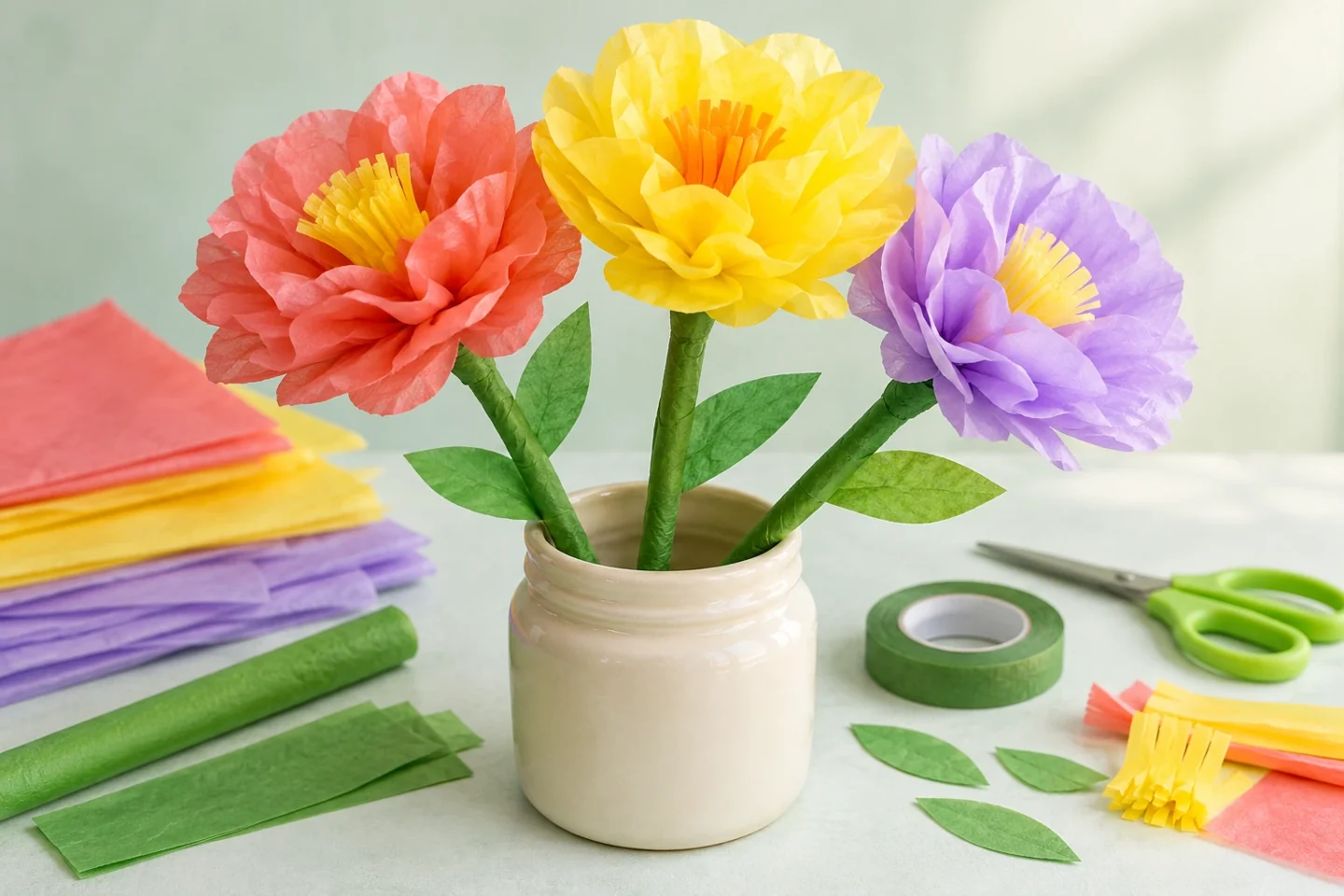 A finished tissue bouquet showing opened ruffled petals