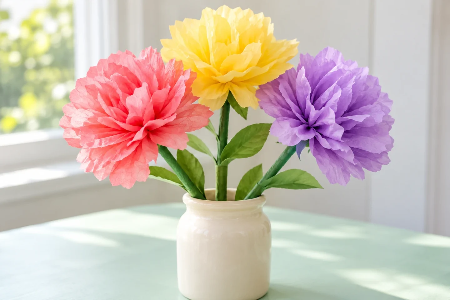 Pink, yellow and purple tissue flowers in a jar