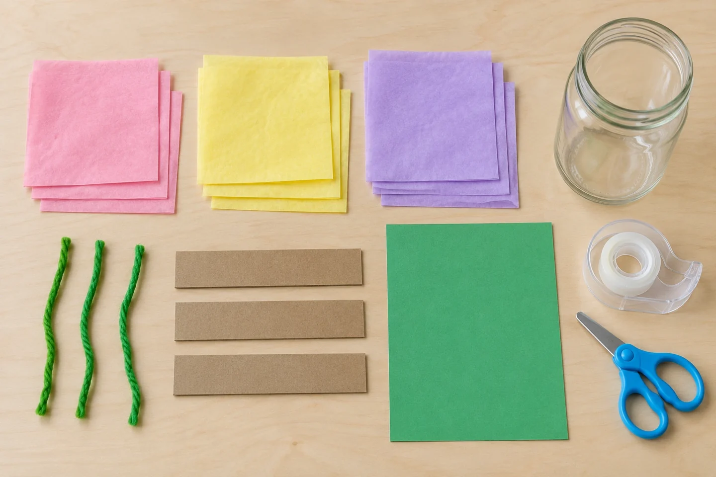 Unassembled tissue flower supplies including twelve squares and three cardboard strips