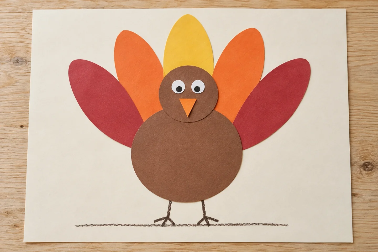 A brown paper turkey with five red, orange and yellow oval feathers
