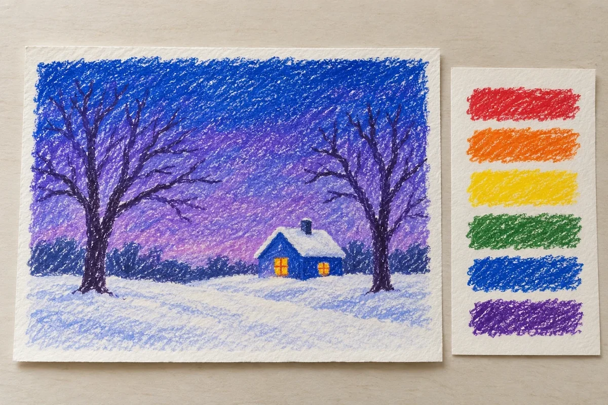 Close final winter drawing with blue violet sky two bare trees white snow ground and small blue house warm orange yellow window, six-color test sheet beside it