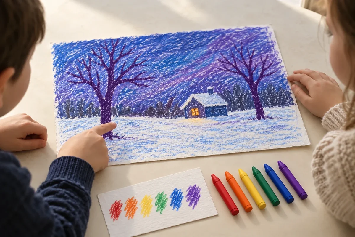 Child hands discussing winter crayon picture on table, cool blue violet sky with bare trees and small house with warm orange yellow window