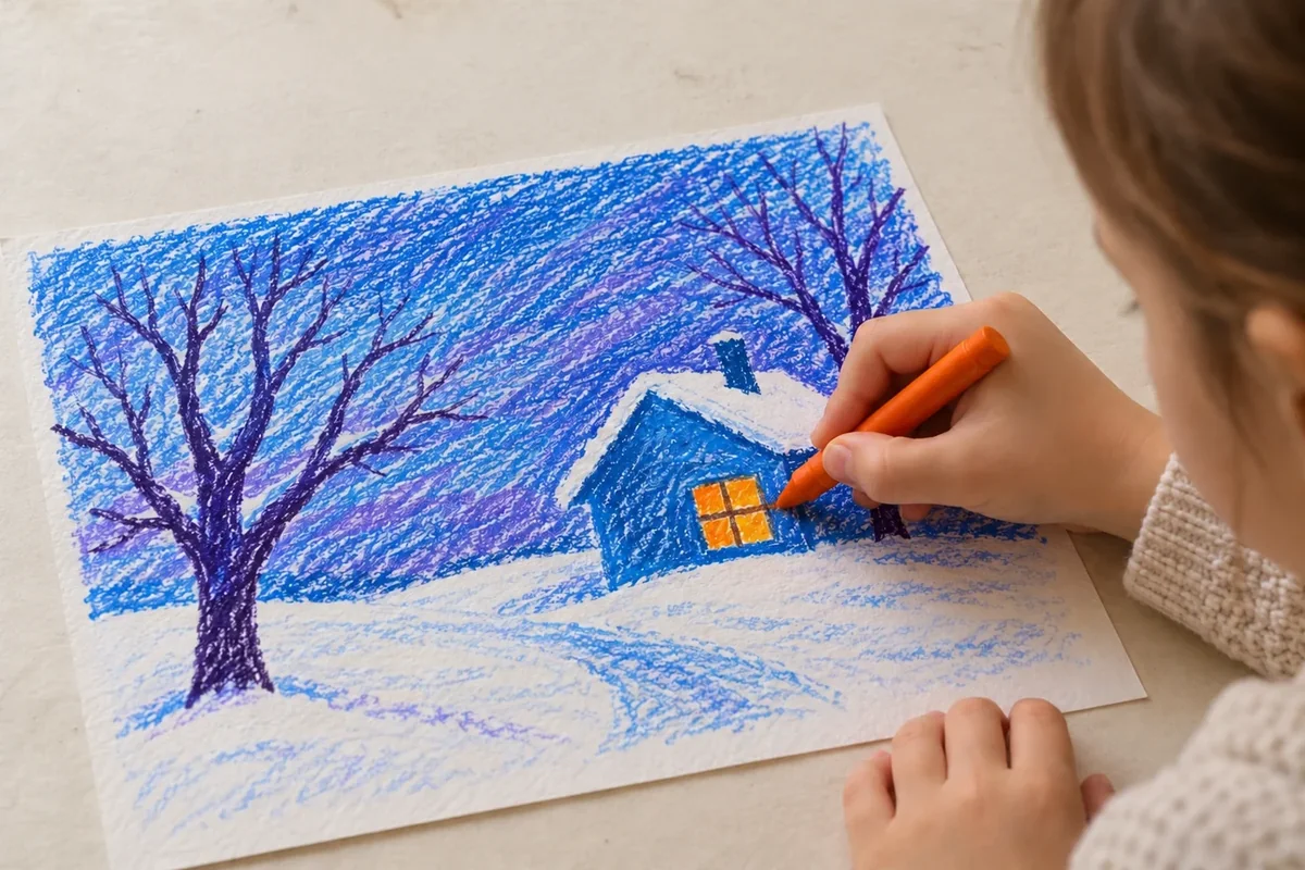 Close child orange crayon coloring small house window beside blue wall, cool sky already partly filled