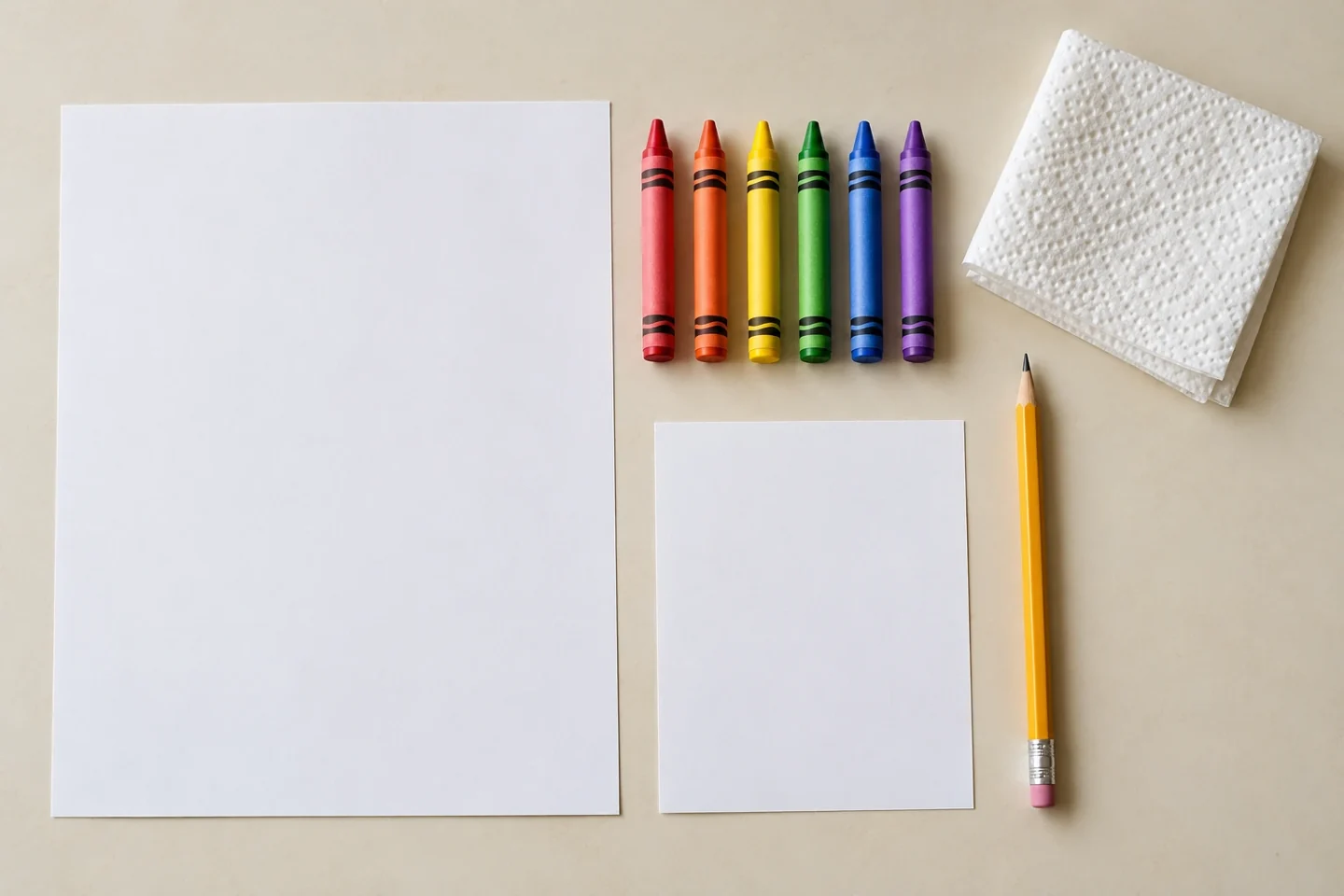 Raw white drawing sheet one scrap sheet pencil six crayons red orange yellow green blue violet and paper towel