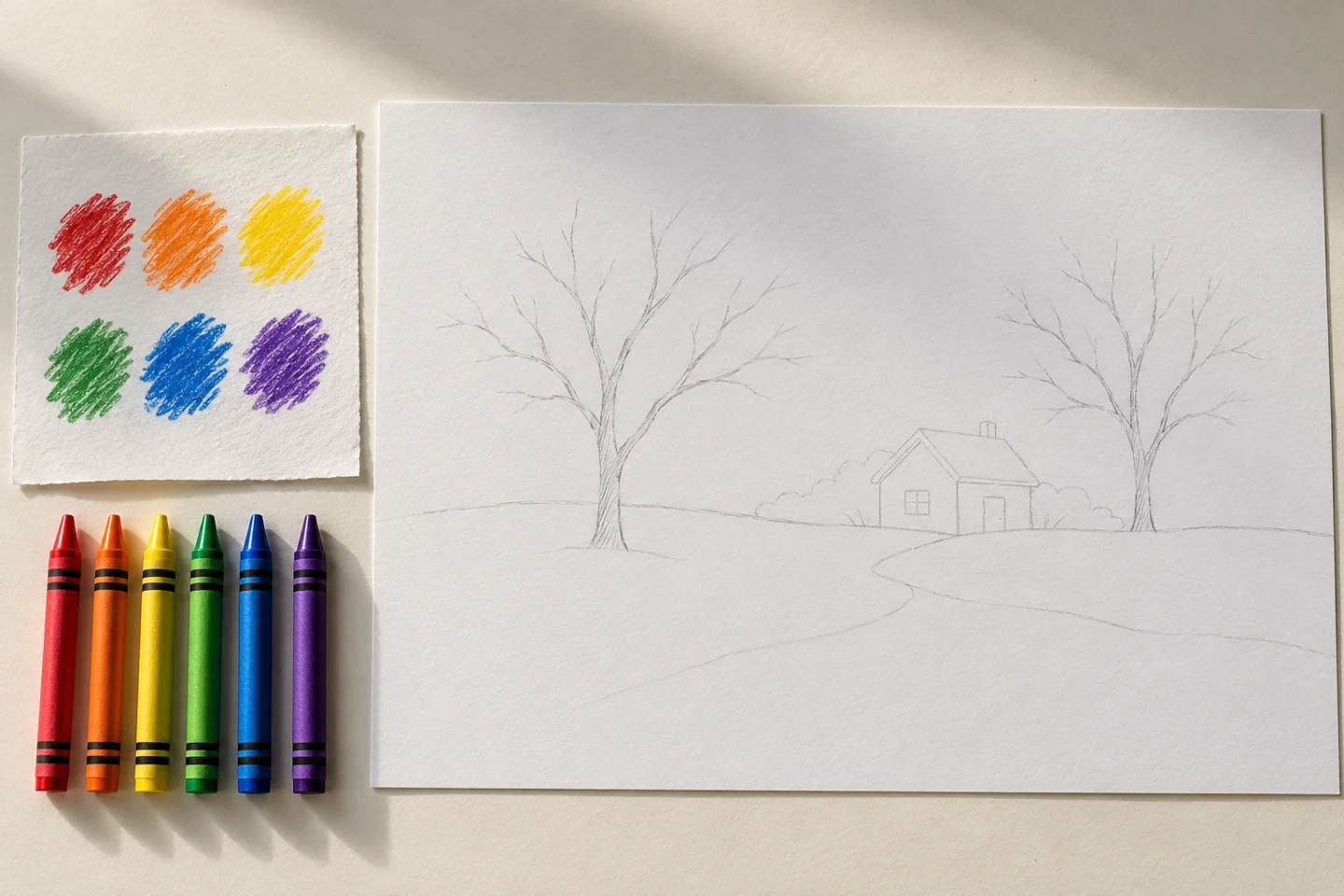 Scrap sheet with six crayon patches in two loose groups red orange yellow and green blue violet