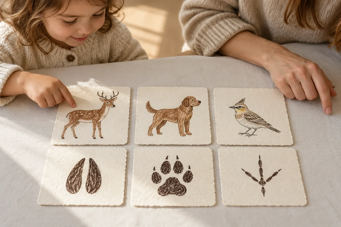 Child hands matching one animal and footprint on pale table with six cards total, deer dog small horned-lark-type bird