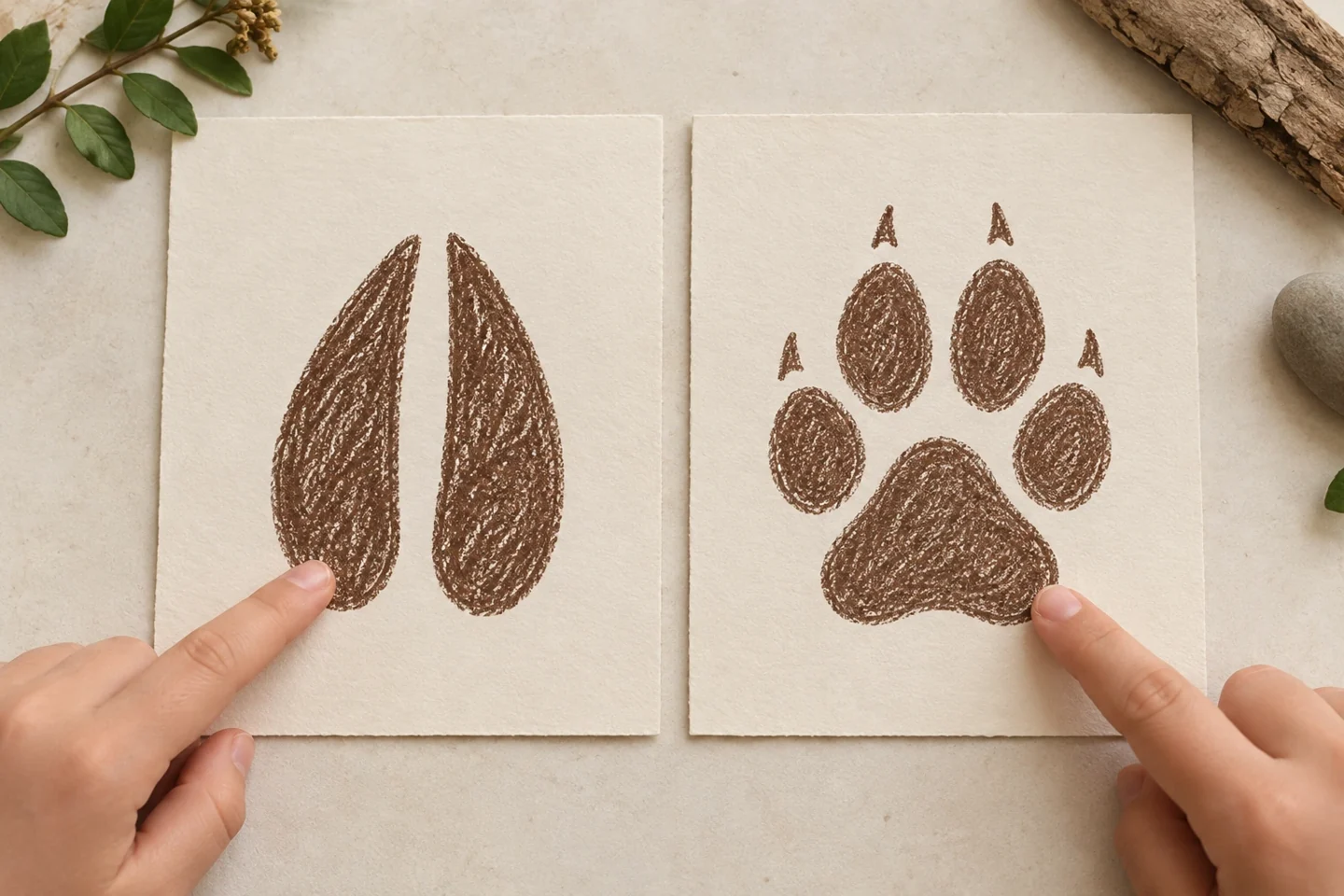 Close deer split-hoof print and dog paw print compared side by side, dog has four round toes and one pad with small claw marks, deer has exactly two elongated hoof halves