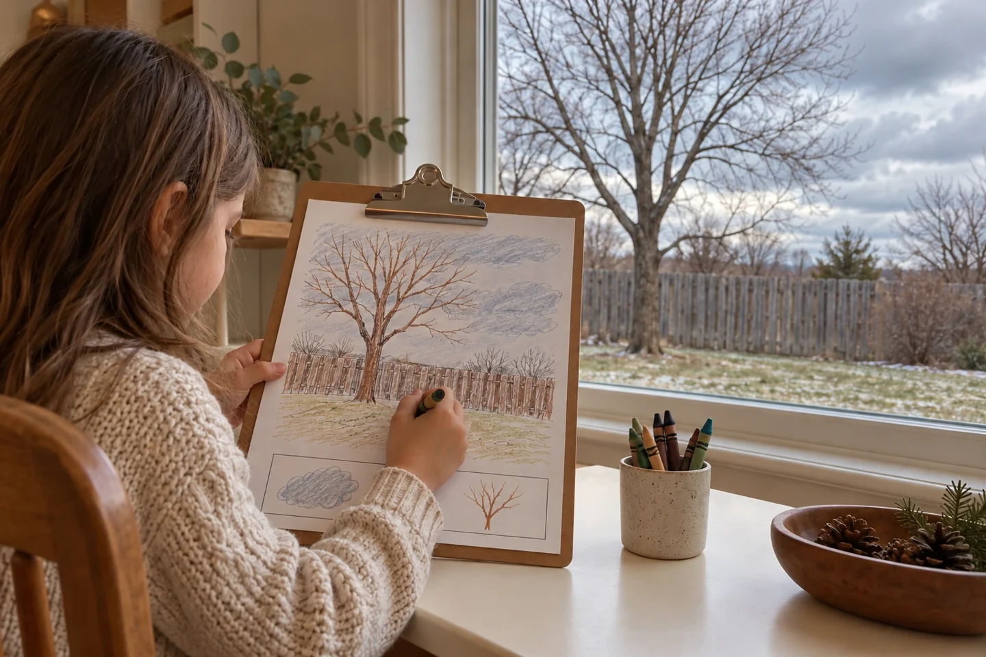 Child hands at table recording tree and fence visible through comfortable low window, clipboard page with large drawing space and two small symbol boxes