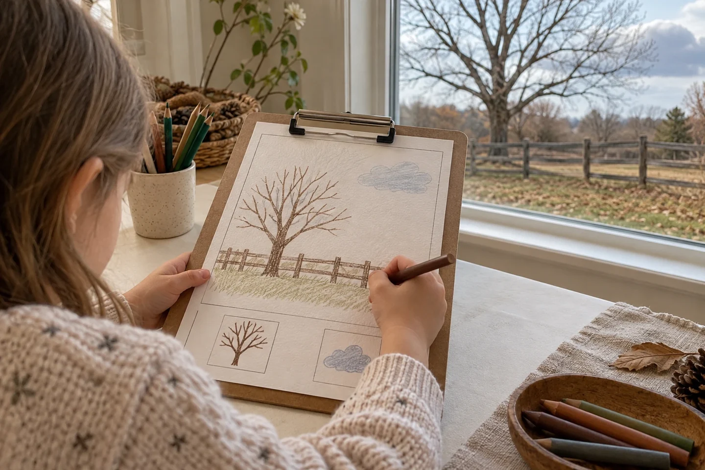 Close first crayon drawing of bare tree fence and moving cloud on clipboard, actual same landmarks visible outside