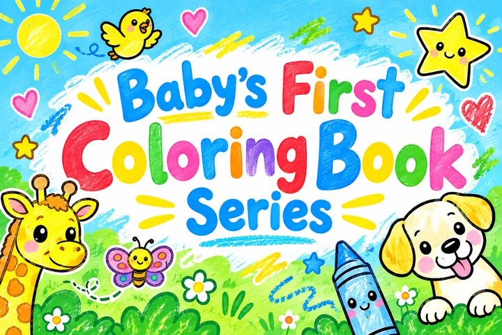 Baby’s First Coloring Book Series title graphic inspired by its book covers