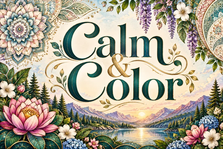 Calm & Color Stress Relief Coloring Books for Adults title graphic inspired by its book covers