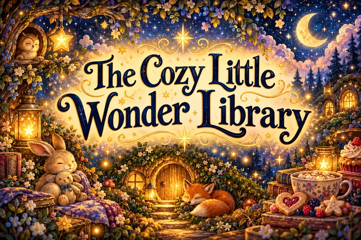 The Cozy Little Wonder Library title graphic inspired by its book covers