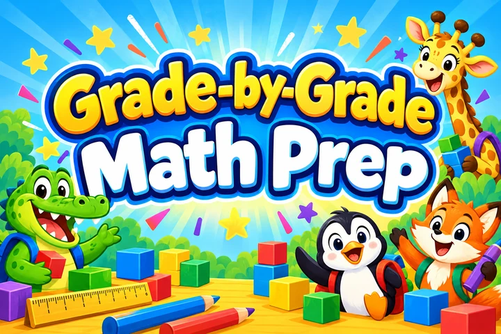 Grade-by-Grade Math Prep Workbooks title graphic inspired by its book covers