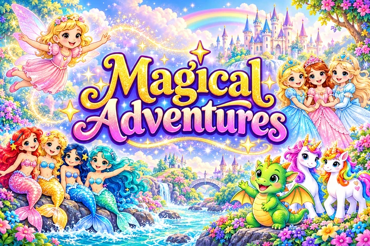 Magical Adventures Coloring Book Series title graphic inspired by its book covers